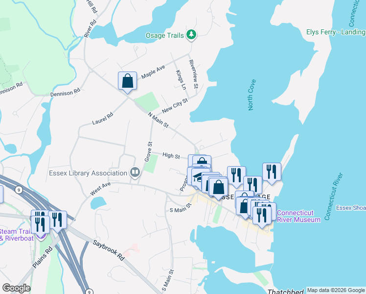 map of restaurants, bars, coffee shops, grocery stores, and more near 40 North Main Street in Essex