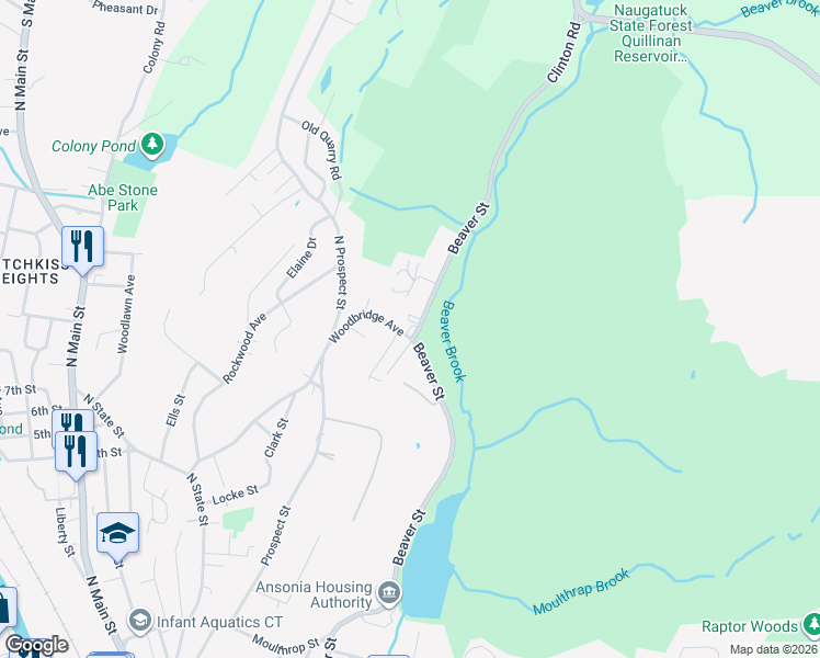 map of restaurants, bars, coffee shops, grocery stores, and more near 517 Beaver Street in Ansonia