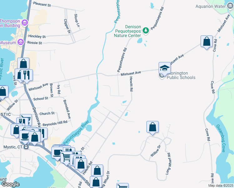 map of restaurants, bars, coffee shops, grocery stores, and more near 224 Pequotsepos Road Exd in Stonington