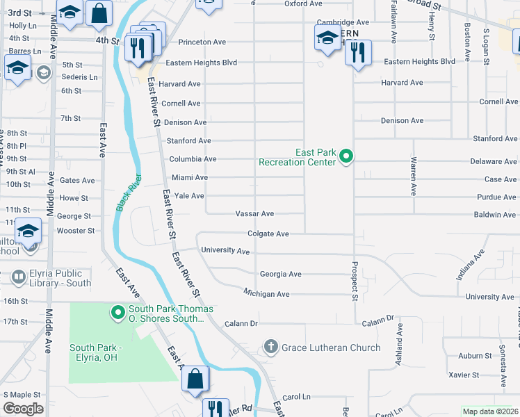 map of restaurants, bars, coffee shops, grocery stores, and more near 272 Vassar Avenue in Elyria