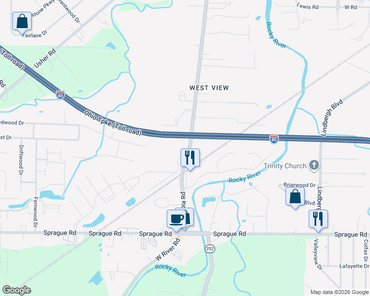map of restaurants, bars, coffee shops, grocery stores, and more near 9422 Columbia Road in Olmsted Falls