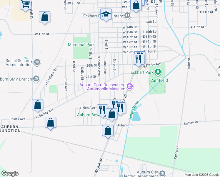 map of restaurants, bars, coffee shops, grocery stores, and more near 1601 Ohio Ave in Auburn