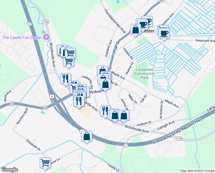 map of restaurants, bars, coffee shops, grocery stores, and more near 115 Main Street in Chester