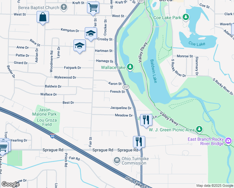 map of restaurants, bars, coffee shops, grocery stores, and more near 37 French Street in Berea