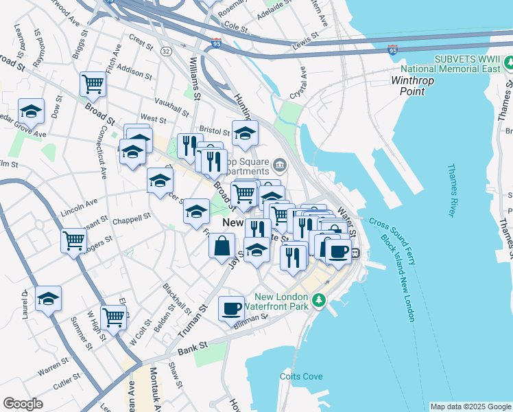 map of restaurants, bars, coffee shops, grocery stores, and more near 105 Huntington Street in New London
