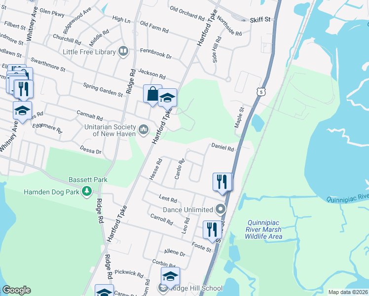 map of restaurants, bars, coffee shops, grocery stores, and more near 47 Dadio Road in Hamden
