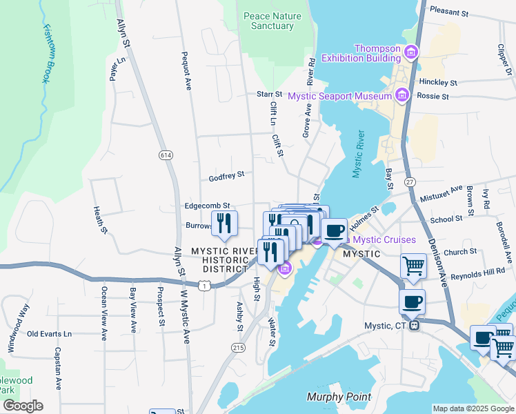 map of restaurants, bars, coffee shops, grocery stores, and more near 192 High Street in Mystic