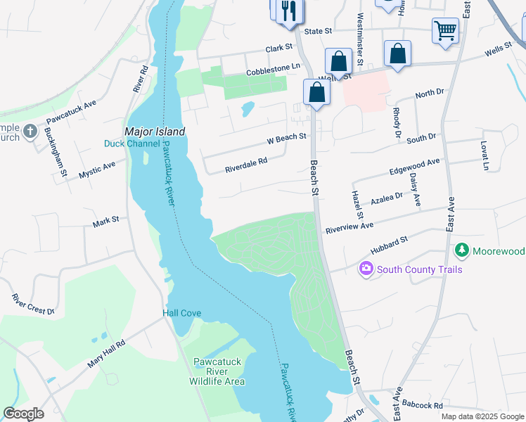 map of restaurants, bars, coffee shops, grocery stores, and more near 29 Washington Avenue in Westerly