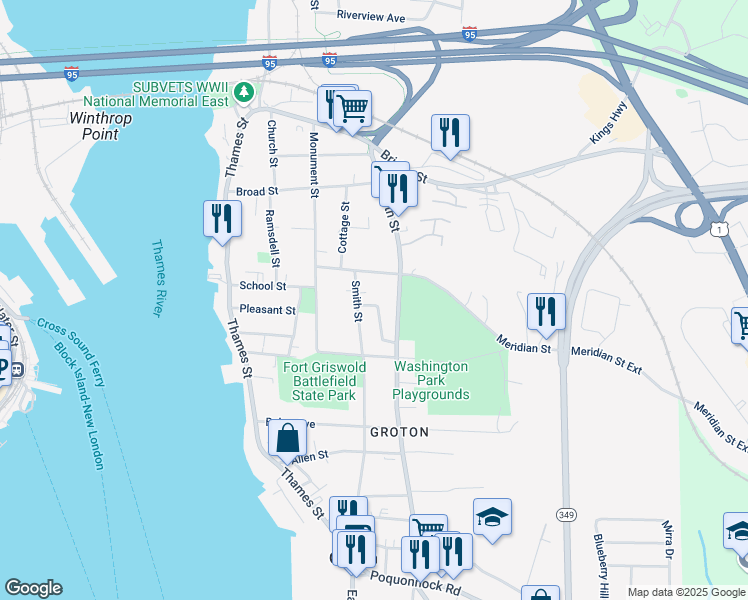 map of restaurants, bars, coffee shops, grocery stores, and more near 18 Miner Street in Groton