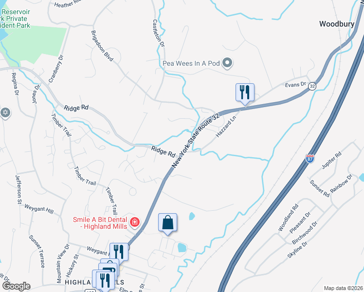 map of restaurants, bars, coffee shops, grocery stores, and more near 665 New York 32 in Woodbury