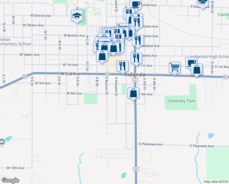 map of restaurants, bars, coffee shops, grocery stores, and more near 100 West 4th Avenue in Indianola