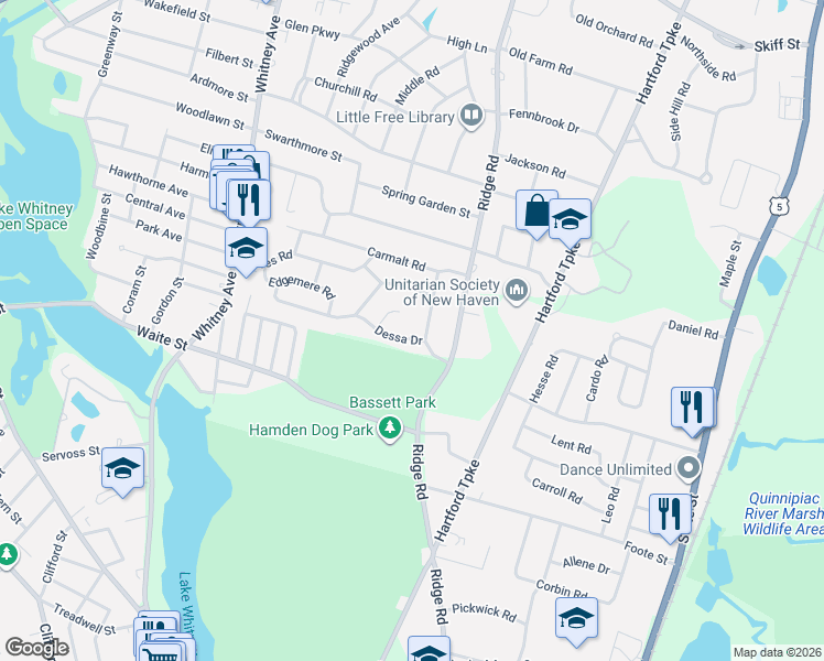 map of restaurants, bars, coffee shops, grocery stores, and more near 200 Dessa Drive in Hamden