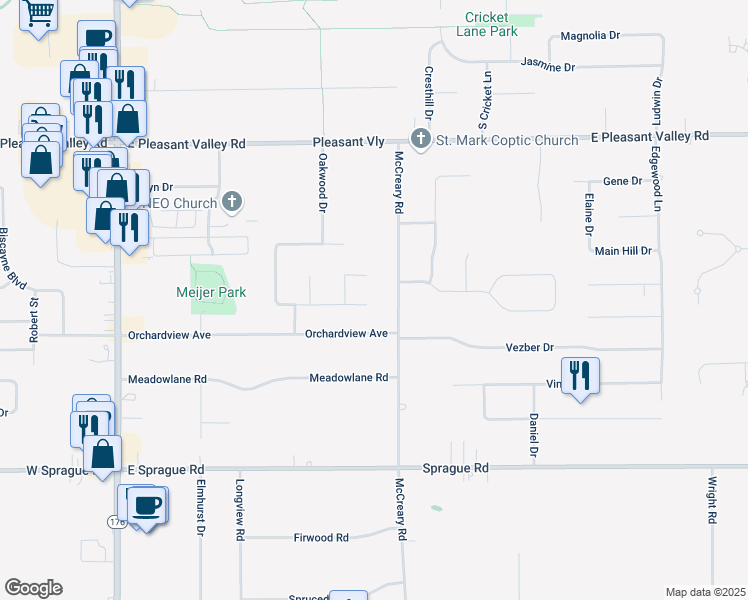 map of restaurants, bars, coffee shops, grocery stores, and more near 2001 Applewood Drive in Seven Hills