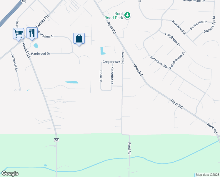 map of restaurants, bars, coffee shops, grocery stores, and more near 33966 Katherine Street in North Ridgeville