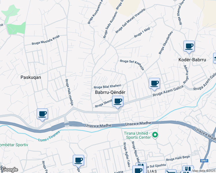 map of restaurants, bars, coffee shops, grocery stores, and more near Rruga Bilal Xhaferri in Tirana