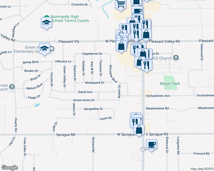 map of restaurants, bars, coffee shops, grocery stores, and more near 1647 Winterpark Dr in Parma