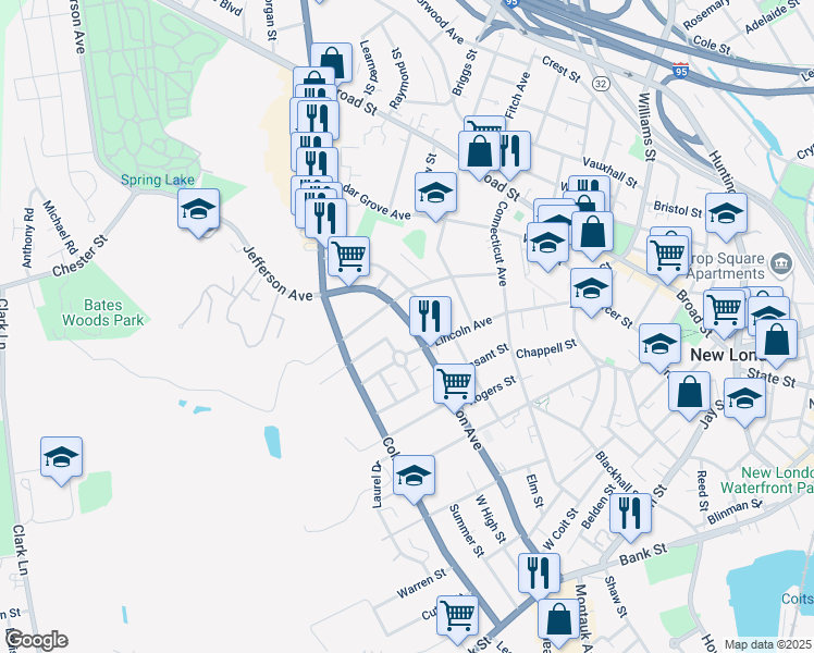 map of restaurants, bars, coffee shops, grocery stores, and more near 256 Jefferson Avenue in New London