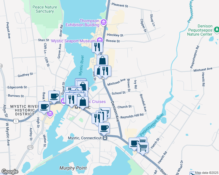 map of restaurants, bars, coffee shops, grocery stores, and more near 86 Denison Avenue in Stonington