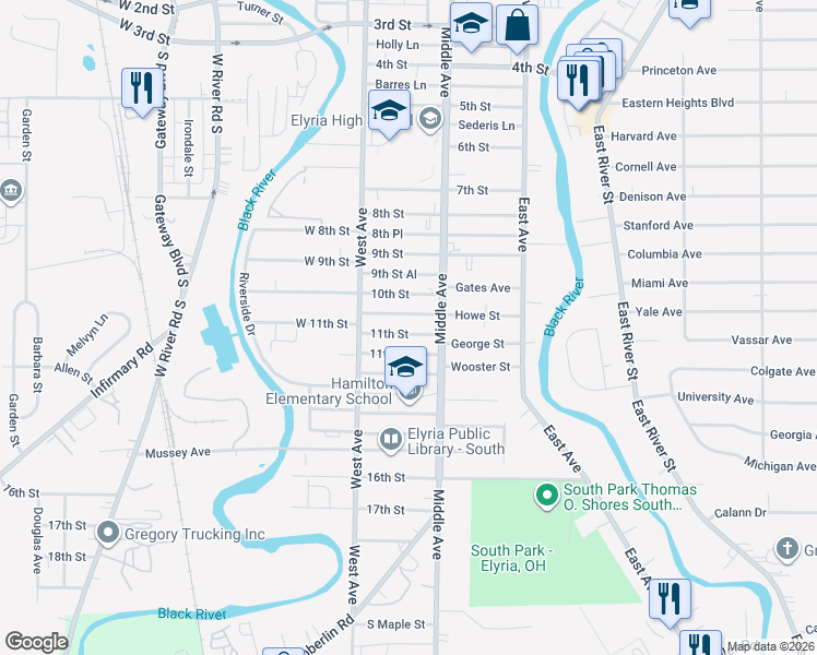map of restaurants, bars, coffee shops, grocery stores, and more near 325 11th Street in Elyria
