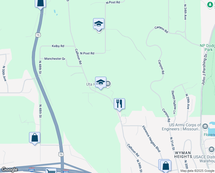 map of restaurants, bars, coffee shops, grocery stores, and more near 10625 Calhoun Road in Omaha