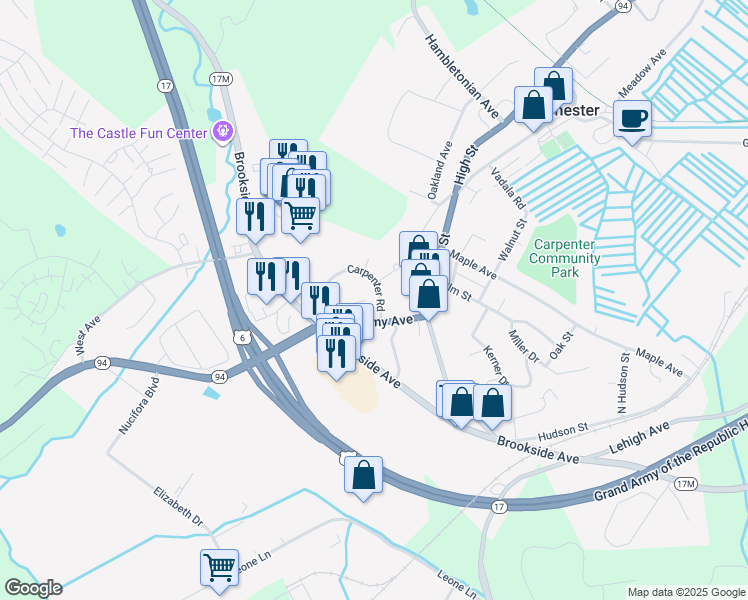 map of restaurants, bars, coffee shops, grocery stores, and more near 3 Carpenter Road in Chester