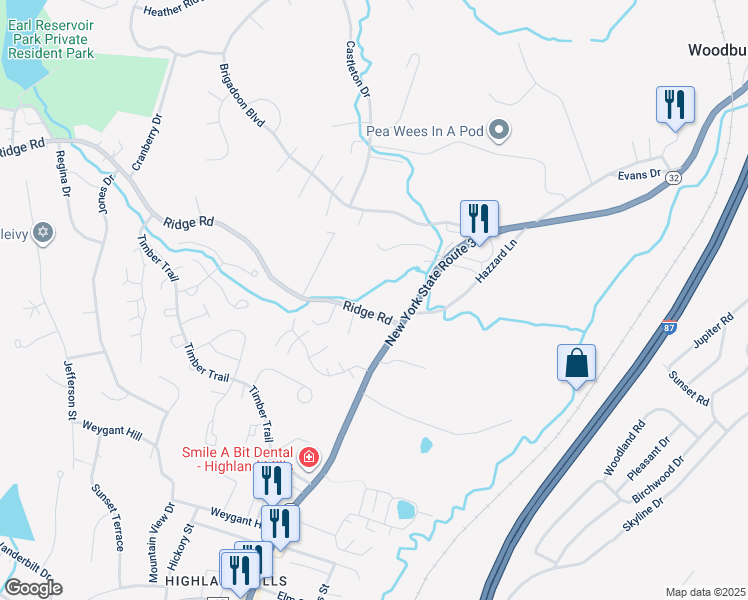 map of restaurants, bars, coffee shops, grocery stores, and more near 18 Ridge Road in Woodbury