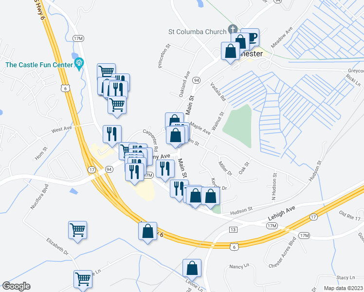 map of restaurants, bars, coffee shops, grocery stores, and more near 115 Main Street in Chester