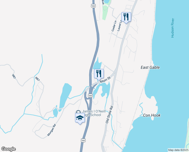 map of restaurants, bars, coffee shops, grocery stores, and more near 17 Main Street in Highland Falls