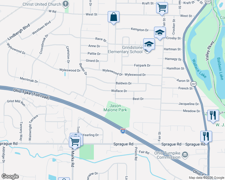 map of restaurants, bars, coffee shops, grocery stores, and more near 330 Wallace Drive in Berea