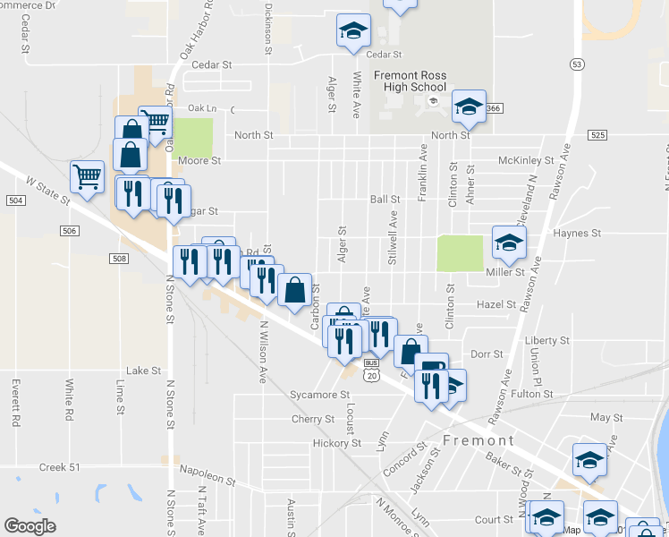map of restaurants, bars, coffee shops, grocery stores, and more near 1004 Alger Street in Fremont