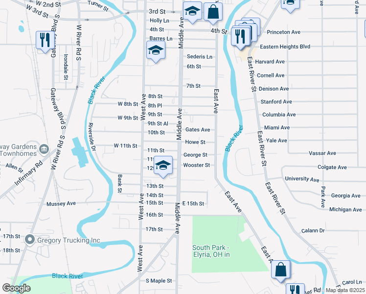 map of restaurants, bars, coffee shops, grocery stores, and more near 1028 Middle Avenue in Elyria