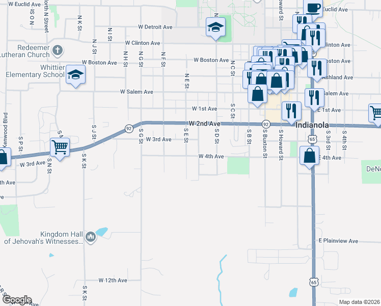 map of restaurants, bars, coffee shops, grocery stores, and more near 410 South E Street in Indianola