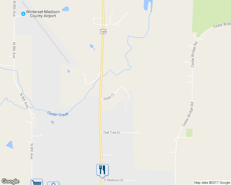 map of restaurants, bars, coffee shops, grocery stores, and more near 204th Court in Winterset