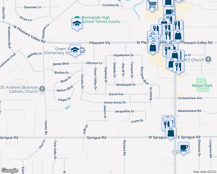 map of restaurants, bars, coffee shops, grocery stores, and more near 2103 Winterpark Drive in Parma