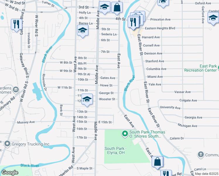 map of restaurants, bars, coffee shops, grocery stores, and more near 228 Howe St in Elyria