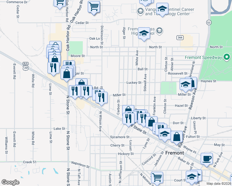 map of restaurants, bars, coffee shops, grocery stores, and more near 1006 Carbon St in Fremont