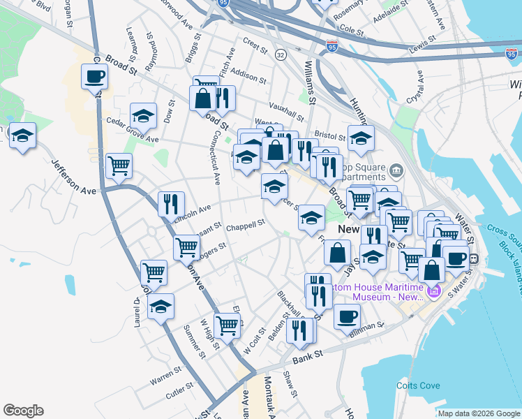 map of restaurants, bars, coffee shops, grocery stores, and more near 104 Williams Street in New London
