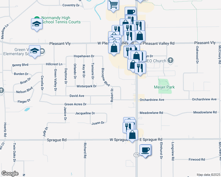 map of restaurants, bars, coffee shops, grocery stores, and more near 7606 Biscayne Boulevard in Parma