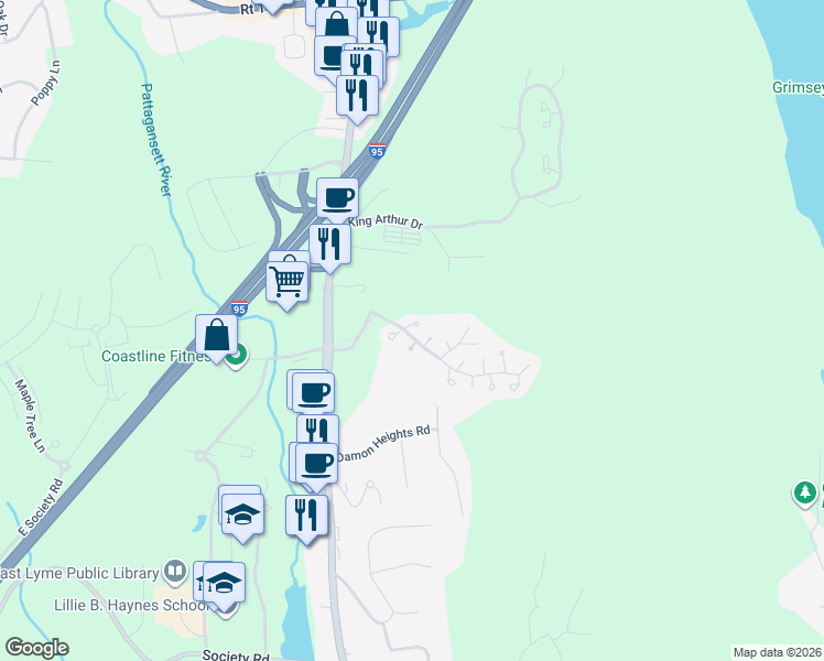 map of restaurants, bars, coffee shops, grocery stores, and more near 1 Thistledown Lane in East Lyme