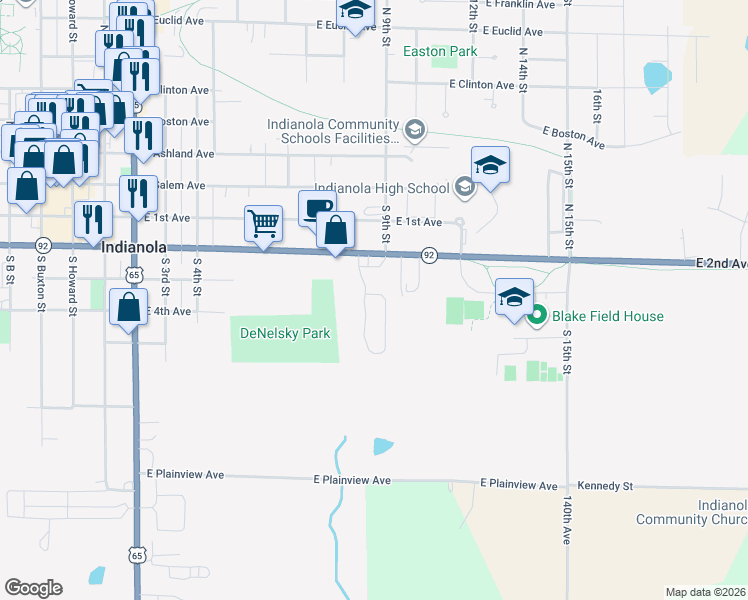 map of restaurants, bars, coffee shops, grocery stores, and more near 19 South 8th Court in Indianola