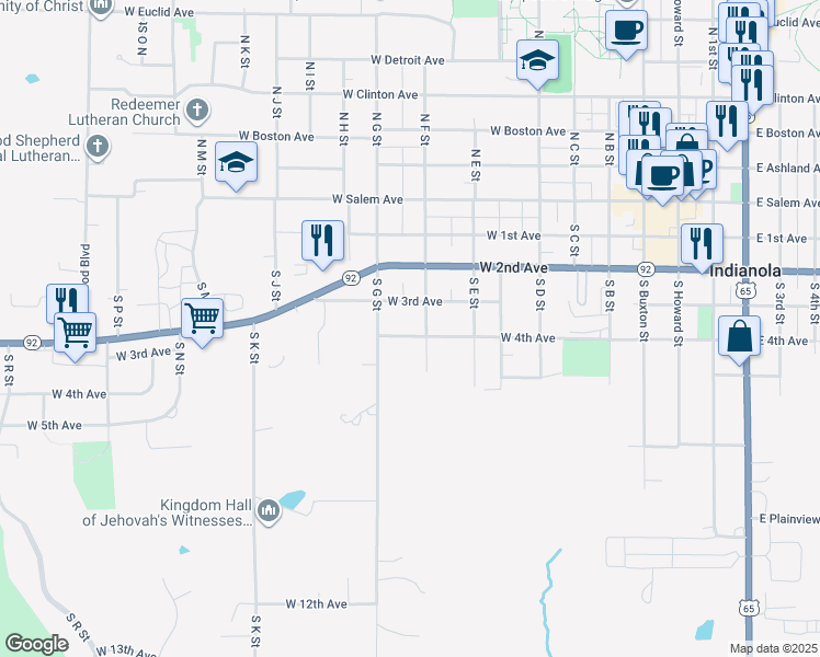 map of restaurants, bars, coffee shops, grocery stores, and more near 804 West 4th Avenue in Indianola