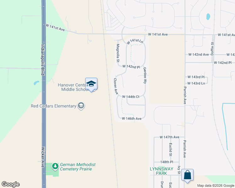 map of restaurants, bars, coffee shops, grocery stores, and more near Clover Avenue in Cedar Lake