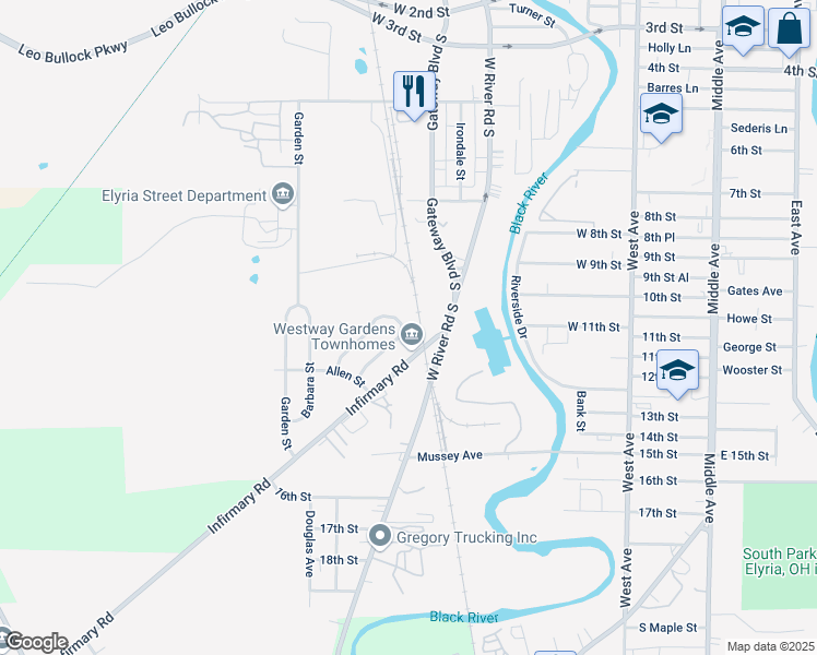 map of restaurants, bars, coffee shops, grocery stores, and more near 1059 Melvyn Lane in Elyria