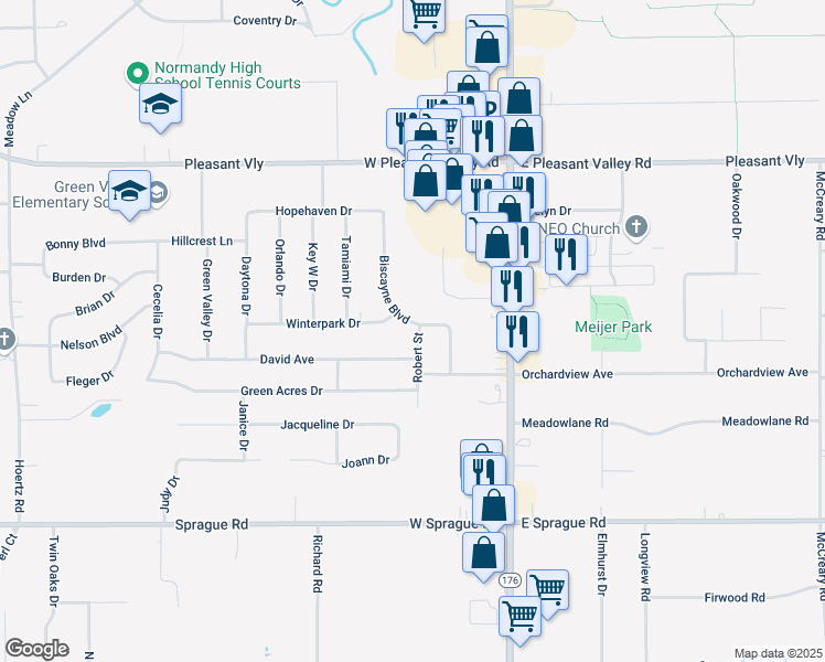 map of restaurants, bars, coffee shops, grocery stores, and more near 7606 Biscayne Boulevard in Parma
