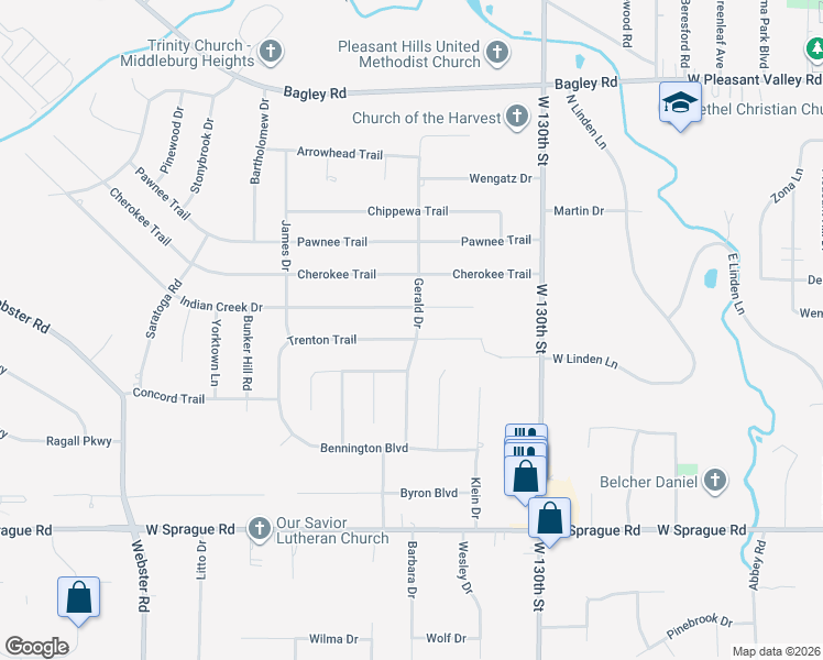 map of restaurants, bars, coffee shops, grocery stores, and more near 13542 Trenton Trail in Cleveland