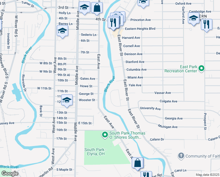 map of restaurants, bars, coffee shops, grocery stores, and more near 152 Pinewood Dr in Elyria
