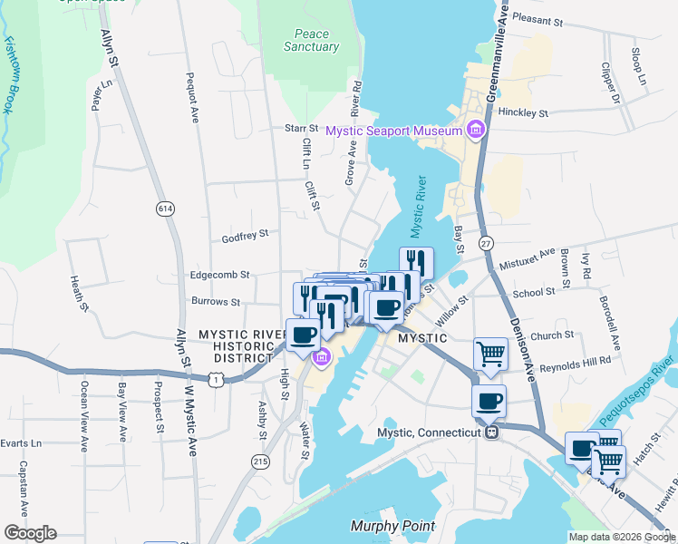 map of restaurants, bars, coffee shops, grocery stores, and more near 26 Pearl Street in Groton