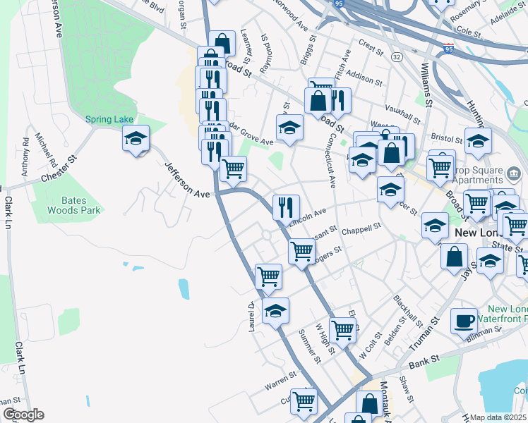 map of restaurants, bars, coffee shops, grocery stores, and more near 256 Jefferson Avenue in New London