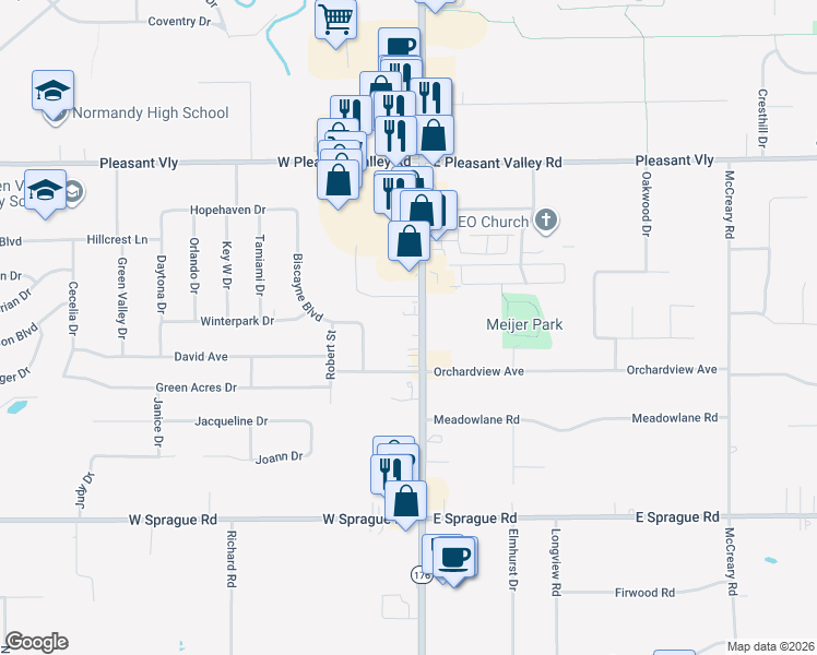 map of restaurants, bars, coffee shops, grocery stores, and more near 7688 Broadview Road in Parma
