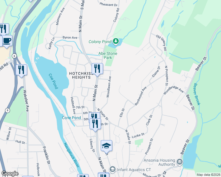 map of restaurants, bars, coffee shops, grocery stores, and more near 53 Woodlawn Avenue in Ansonia
